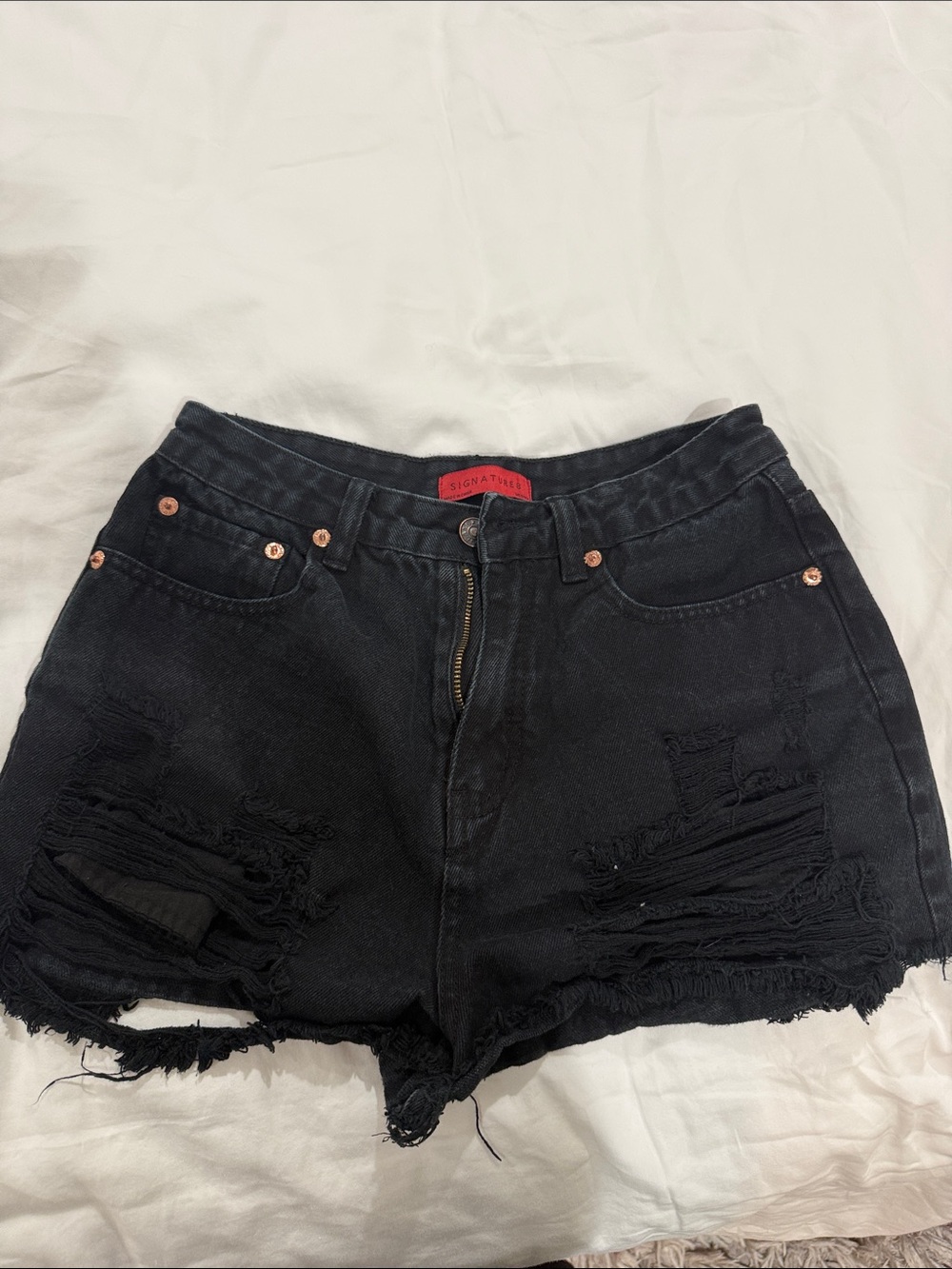 Signature Black Distressed High-Waist Denim Shorts